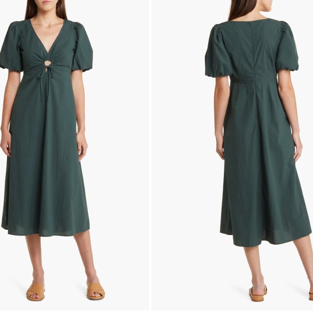 Madewell Cutout Puff Sleeve Poplin Midi Dress